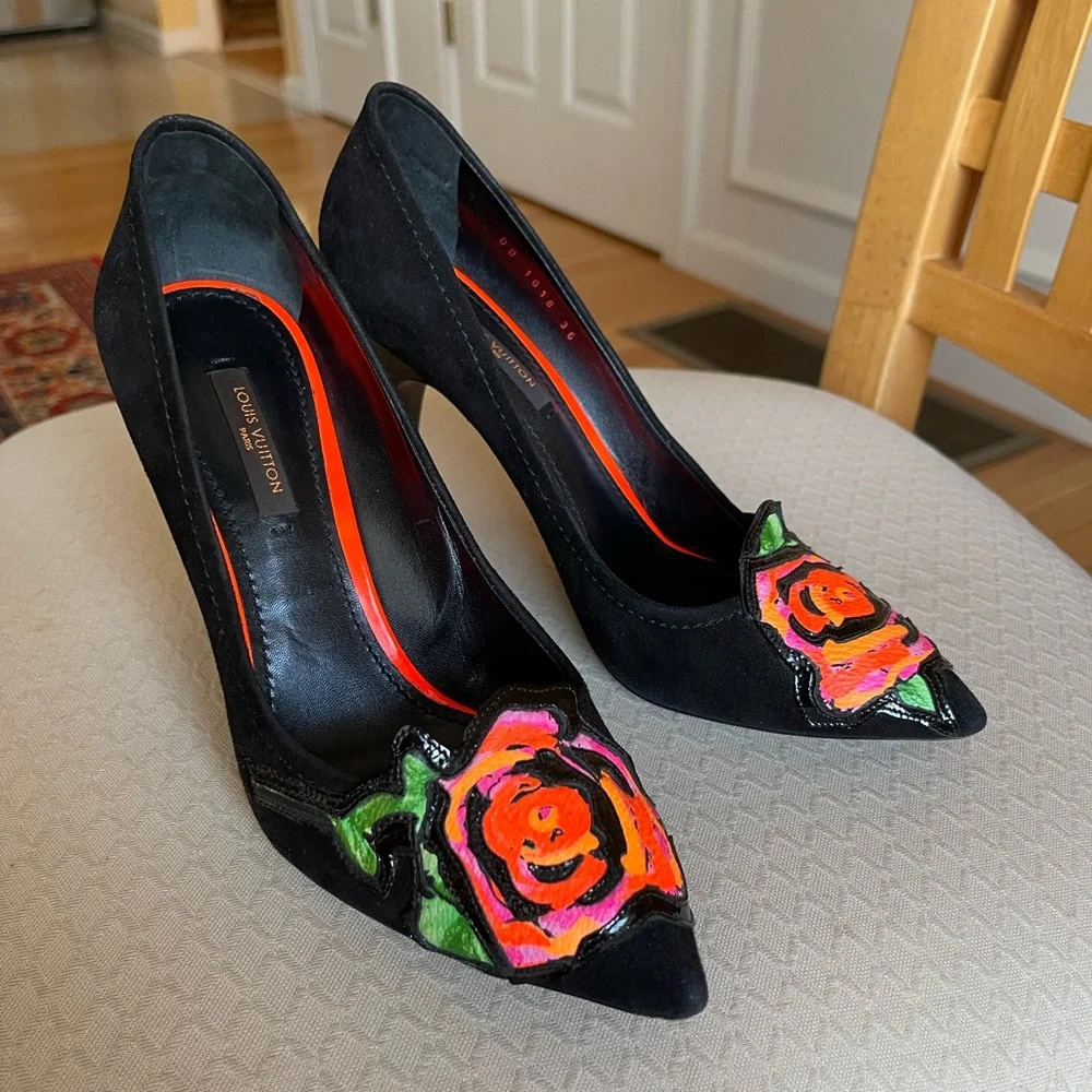 Louis Vuitton Black Suede High Heels - Stephen Sprouse Roses - EU 36 - Picture 6 of 15